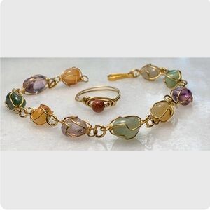 Handmade Gemstone Bracelet & Goldstone Ring Boho Set